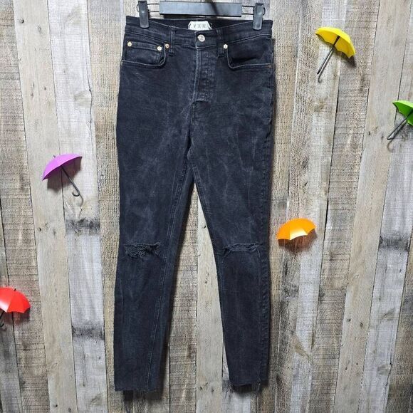 We The Free People Black Distressed Button Fly Skinny Jeans 26 - Picture 1 of 5